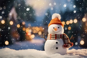 Naklejka na ściany i meble In the heart of winter's chill is a joyful snowman with a vibrant carrot nose under the glow of Christmas lights