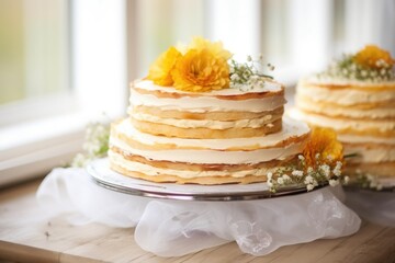 unfinished three-tiered wedding cake on a stand - obrazy, fototapety, plakaty