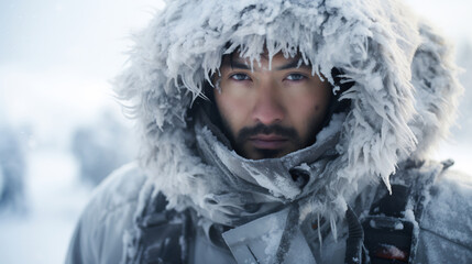 Portrait asian man in frosty clothes standing in the snow