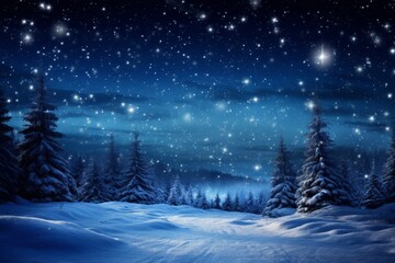 A serene winter scene on Christmas Eve showcasing a star-filled night sky and a beautifully decorated snowy landscape