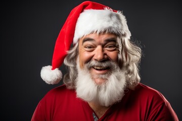 A merry portrait of a man winking playfully at the camera in his Santa hat