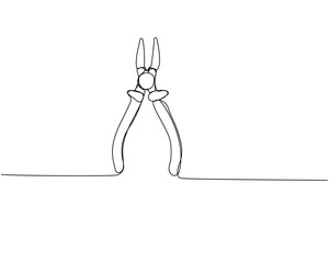Construction wire cutters, pliers, vise grip, swagers one line art. Continuous line drawing of repair, professional, hand, people, concept, support, maintenance.