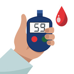 Illustration of a blood glucose test for diabetes. Flat illustration of a glucometer for checking blood sugar levels. World Diabetes Day. 14 November
