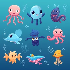Fotobehang In de zee Set of sea animals underwater fish turtle jellyfish