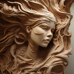 Fotografia con detalle y textura de artesania sobre madera con forma de rostro femenino - obrazy, fototapety, plakaty
