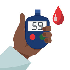Illustration of a blood glucose test for diabetes. Flat illustration of a glucometer for checking blood sugar levels. World Diabetes Day. 14 November