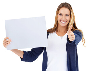 Portrait, woman and poster with announcement, thumbs up and support isolated on a transparent background. Face, person and girl with a banner, gesture and board with feedback with png or mockup space