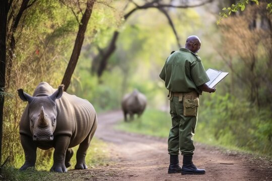 zookeeper with a clipboard, observing a rhinos behavior