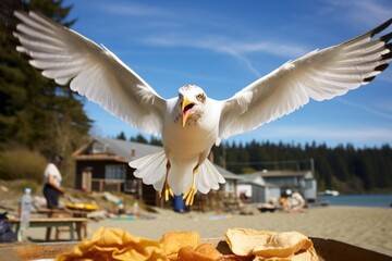 a seagull swooping down to a chip from a beach picnic - Powered by Adobe
