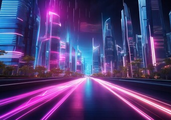 Fototapeta na wymiar Speed light trails path through smart modern mega city