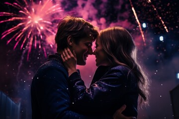Two lovers embracing the New Year with a stunning fireworks spectacle in the night sky