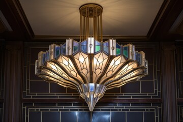 a shiny art deco chandelier hanging from a high ceiling - obrazy, fototapety, plakaty