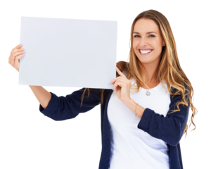 Portrait, woman and poster with announcement, opportunity and smile isolated on transparent background. Face, person or girl with banner, mockup space or promotion with information with png or joy