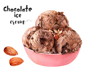 Watercolor illustration of chocolate ice cream close up. Design template for packaging, menu, postcards. PNG