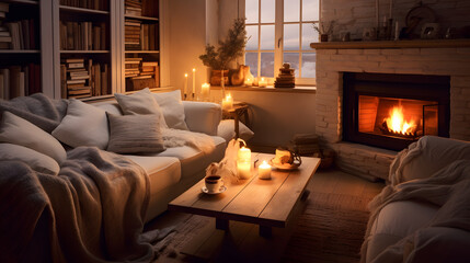 Cozy fire place room interior. Warm blanket and coffee table