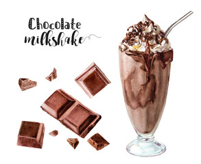 Watercolor illustration of chocolate milkshake cookies close up. Design template for packaging, menu, postcards. PNG