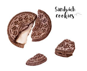 Watercolor illustration of sandwich cookies dessert close up. Design template for packaging, menu, postcards. PNG