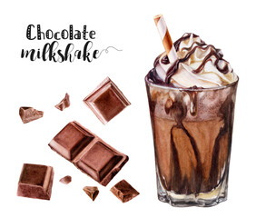 Watercolor illustration of chocolate milkshake close up. PNG. Design template for packaging, menu, postcards.