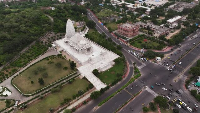 Aerial view of Birla mandir, formally known as Lakshmi Narayan temple, is situated below the Moti Dungri Fort in pink city Jaipur, India.