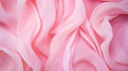 Obraz premium Pink rose peach white silk satin. Creases in fabric. Light luxury elegant background with space for design. Table top view, flat lay. Birthday, baby, newborn. Or a wedding, valentine. Romance, tender.