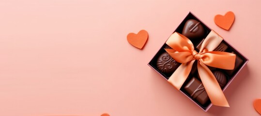 top view chocolates box ribbon crafting valentine  - obrazy, fototapety, plakaty