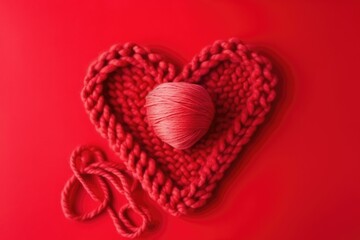 top view heart knitted, ribbon,crafting valentine, red backdrop 