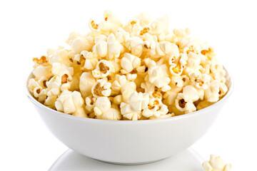 Popcorn in a bowl isolated on white background. 