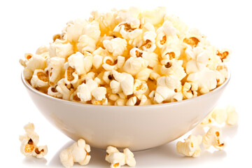 Popcorn in a bowl isolated on white background, close-up