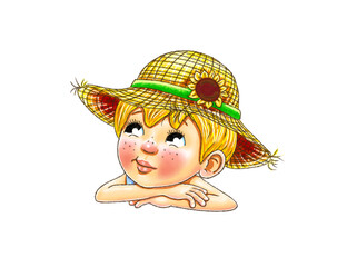 Kleiner Gärtner Junge niedich sitzt nachdenklich auf etwas gelehnt, auf dem Kopf einen alten Strohhut, er genießt die Freizeit, schaut nach oben und überlegt