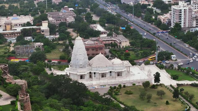 Aerial view of Birla mandir, formally known as Lakshmi Narayan temple, is situated below the Moti Dungri Fort in pink city Jaipur, India.