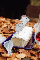 Christmas stollen on wooden background. Traditional Christmas German dessert cut into pieces.