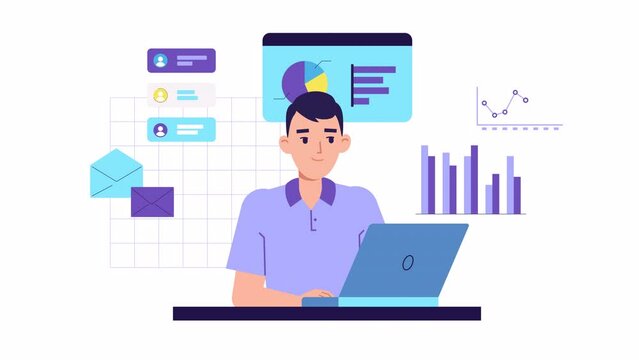 Young man character work at laptop 2d animation. Financial graphs and charts, business. Accounting, analysis, audit, research. infographics. Finance statistics. office worker, manager, clerk