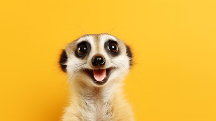 Happy Meerkat Portrait on Bright Yellow Background