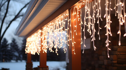 Warm Icicle Lights on House Eaves in Winter Evening