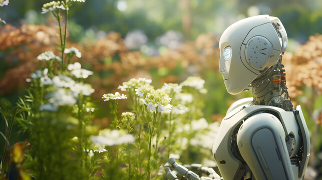 Robot Admiring Flowers in Sunlit Garden
