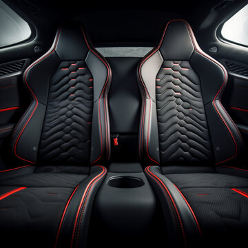 Fotografia con detalle de asientos traseros de un vehiculo deportivo de lujo, con tapiceria en cuero de ronos negro y rojo