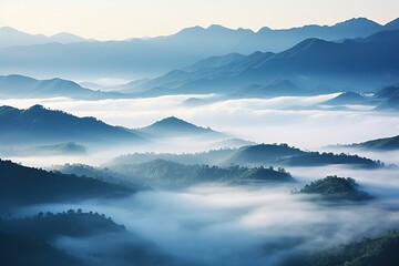 Beautiful landscape of mountains in foggy morning. Beauty in nature.