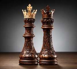 Wooden chess king and queen on a dark background. 3d rendering