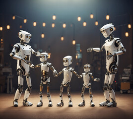 Group of robots standing in a dark room. 3D rendering.
