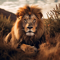 Fotografia con detalle de leon en pose tranquila, en su habitat natural