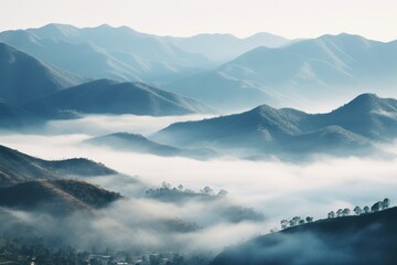 Beautiful landscape of mountains in foggy morning. Beauty in nature.