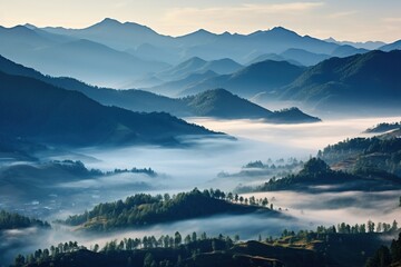 Beautiful landscape of mountains in foggy morning. Beauty in nature.