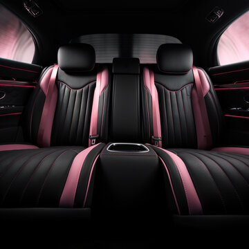 Fotografia con detalle de asientos traseros de un coche de lujo, con tapiceria de cuero y tonos negros y rosados