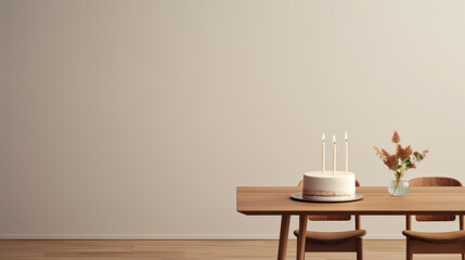 Birthday cake in minimalist Scandinavian authentic room interior with copy space on empty wall.  - obrazy, fototapety, plakaty