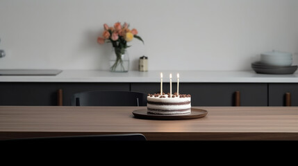 Birthday cake in minimalist Scandinavian authentic room interior with copy space on empty wall. 