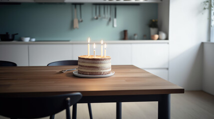 Fototapeta na wymiar Birthday cake in minimalist Scandinavian authentic room interior with copy space on empty wall. 