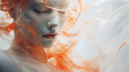 Surreal Dreamscape: Ethereal Woman Enveloped in Swirling Orange Mist - obrazy, fototapety, plakaty