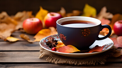 Autumn Tea Time Apple Leaves Anise Wooden Table Cozy Fall Atmosphere