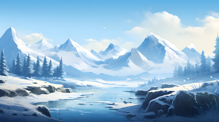 Fototapeta na wymiar Winter Mountain Landscape Frozen Lake Snow Covered Pines Clear Blue Sky Serenity Scene
