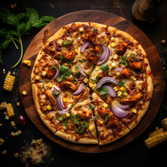 Fotografia con detalle de deliciosa pizza con pollo a la parrilla, maiz y cebolla - obrazy, fototapety, plakaty